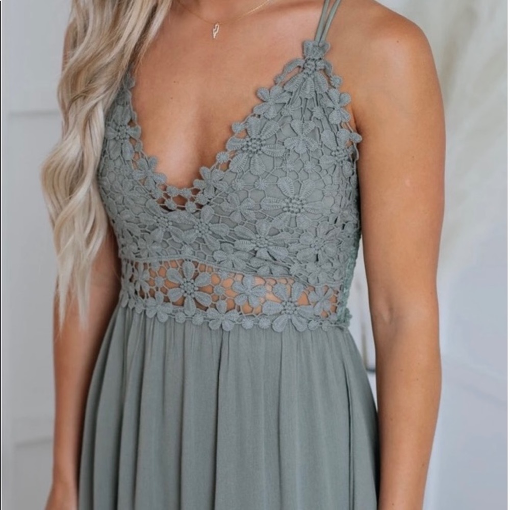 Country Flower Crochet Olive Green Dress